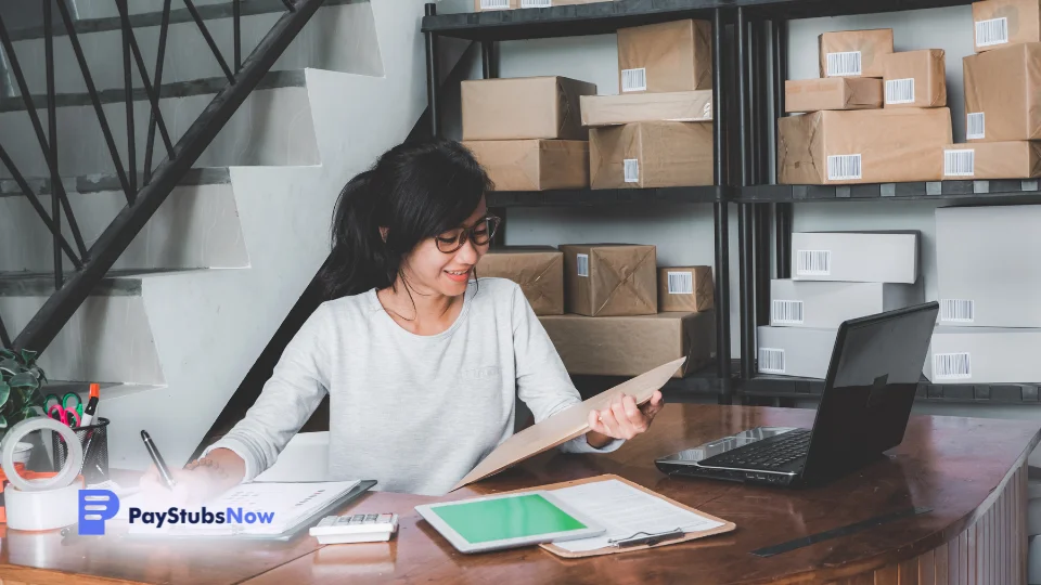 A person sitting at a desk in front of boxes