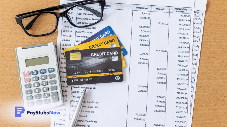 A credit card, calculator, and glasses on a desk