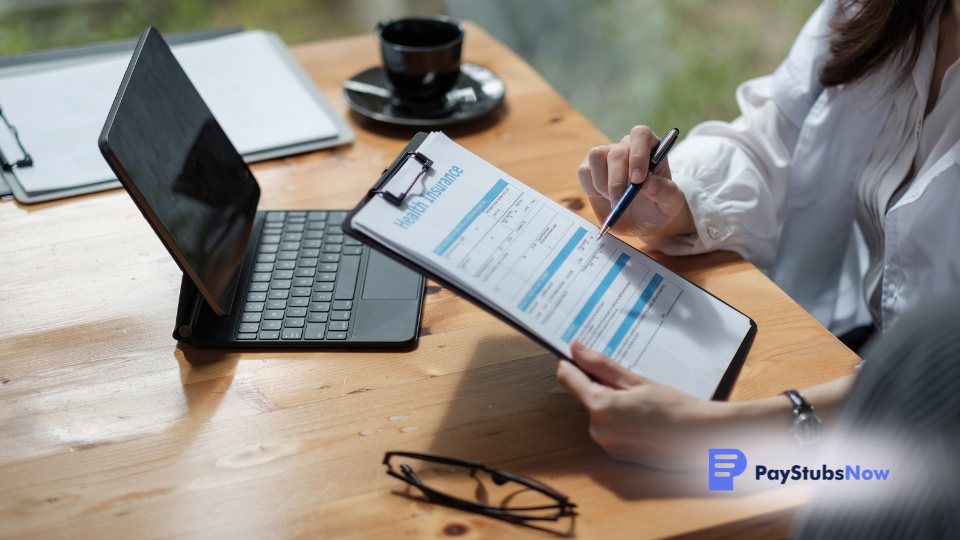 two professionals sitting at a table with a laptop, reviewing a health insurance form on a clipboard
