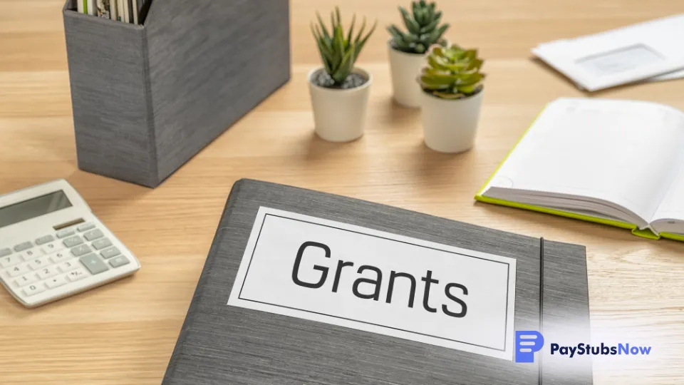 A notebook labeled 'Grants' on a desk next to some plants and a calculator