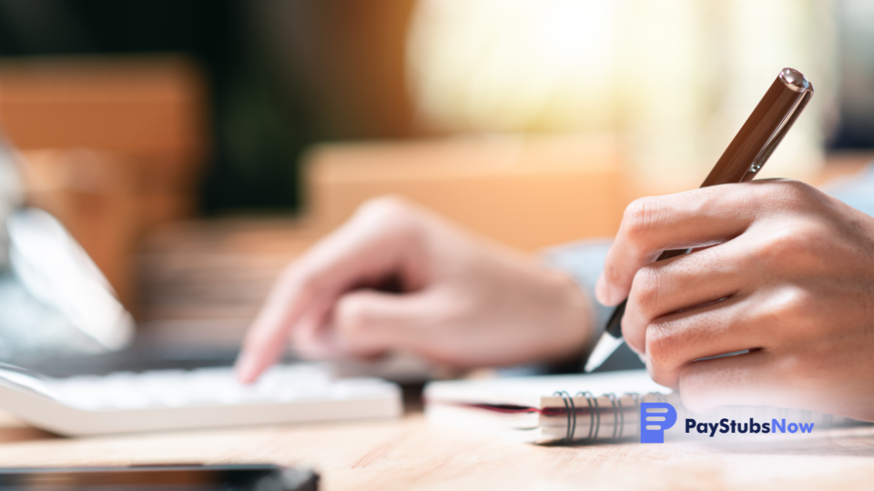 a person holding a pen in one hand and typing in a calculator with the other