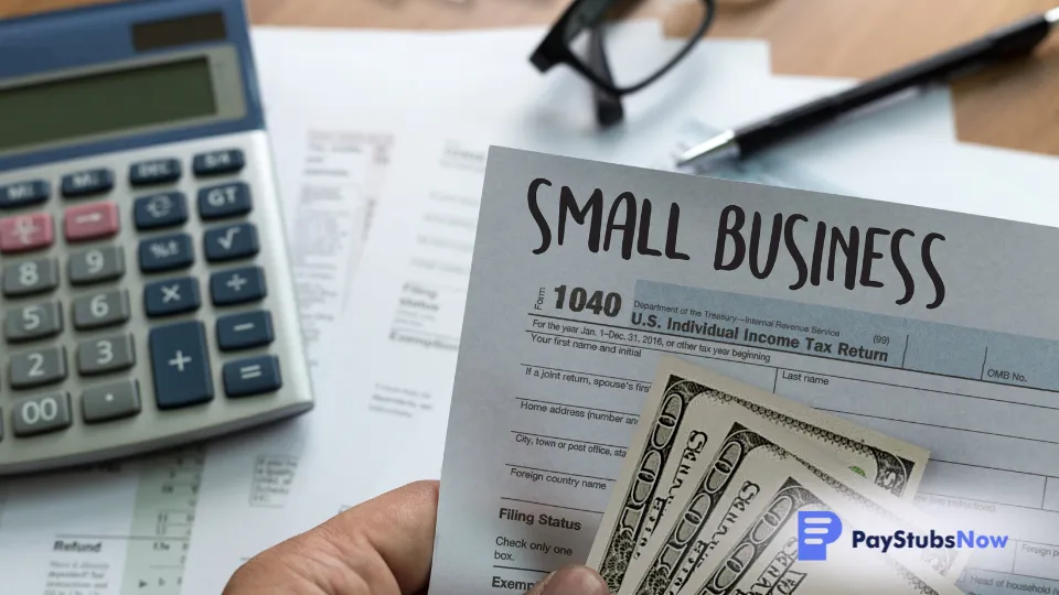 Close-up of a 1040 form with 'Small Business' written on it, accompanied by fanned-out hundred-dollar bills