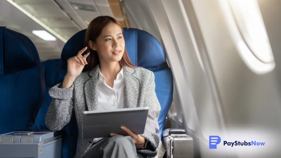 A person flying business class on a plane with a tablet in their hand