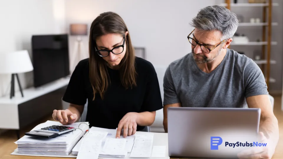 Two business partners sitting at a table looking through their detailed records