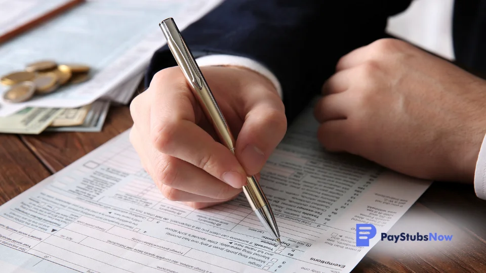 a person in a suit writing on a tax form with money in the background