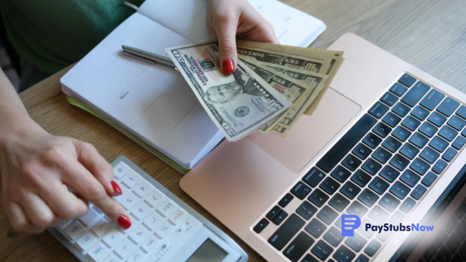 a person holding money in front of a laptop and a calculator