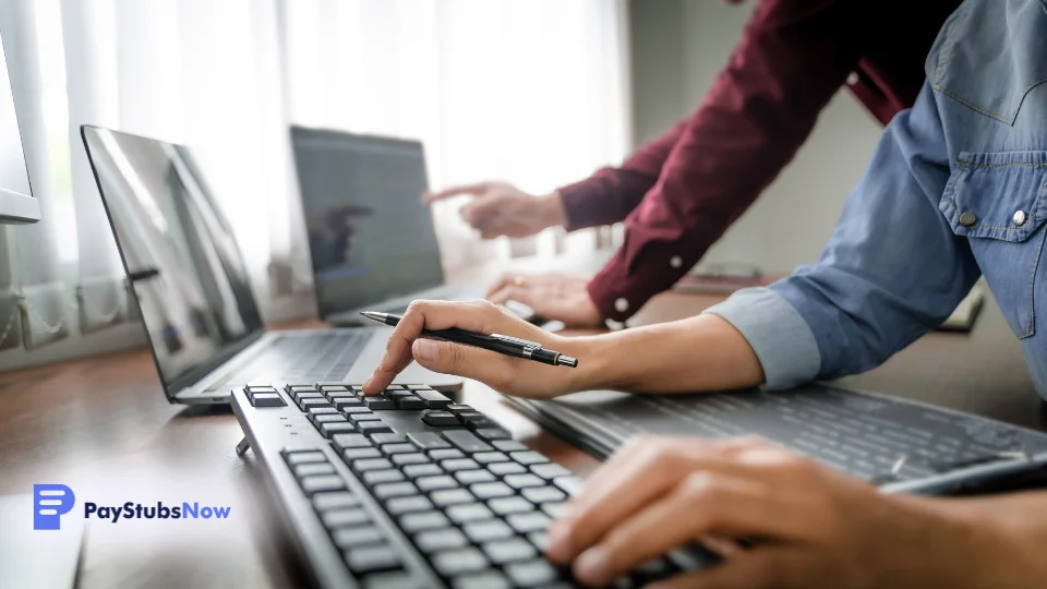 Two people working on a computer at a desk