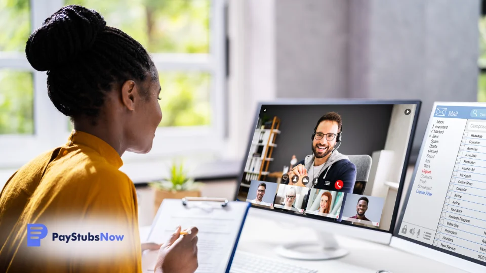 A person sitting at a desk on a video conference call