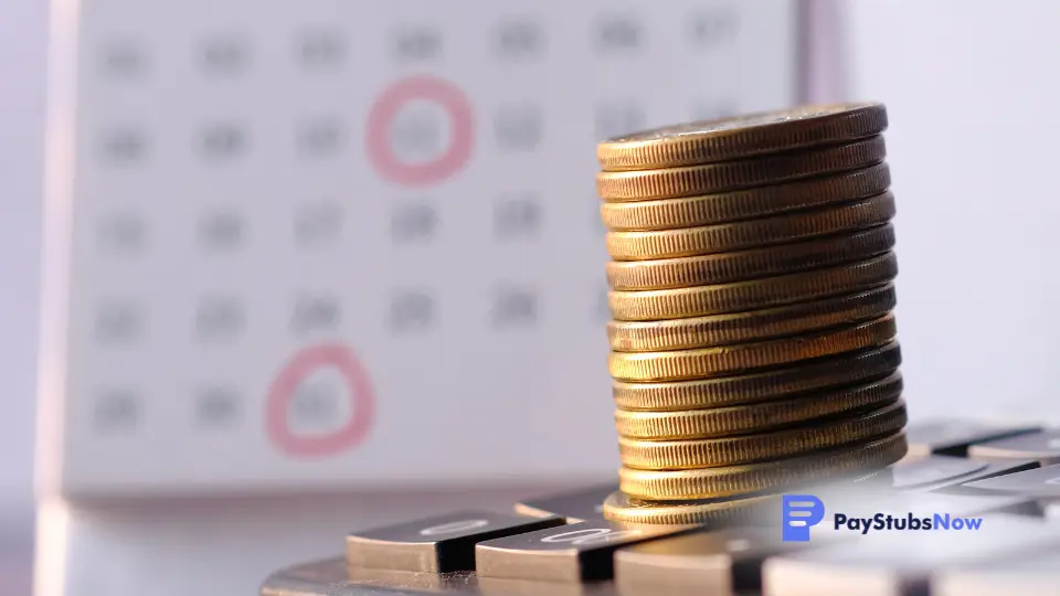 a stack of coins on a calculator with a calendar in the background