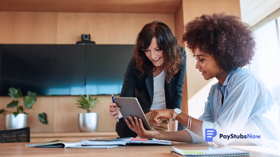 two professionals at a table looking at a tablet