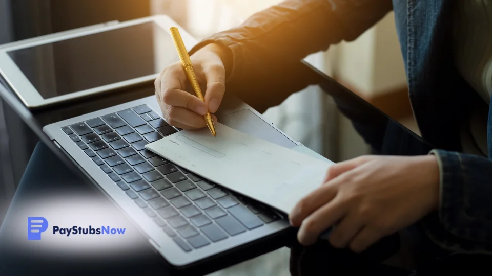 A person writing on a piece of paper while using a laptop