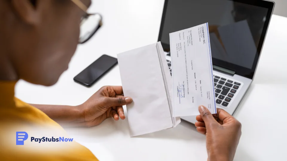 close-up of a person holding a check in front of a laptop