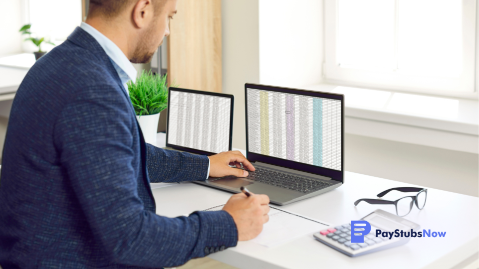 a businessman sitting at a desk with a laptop and calculator