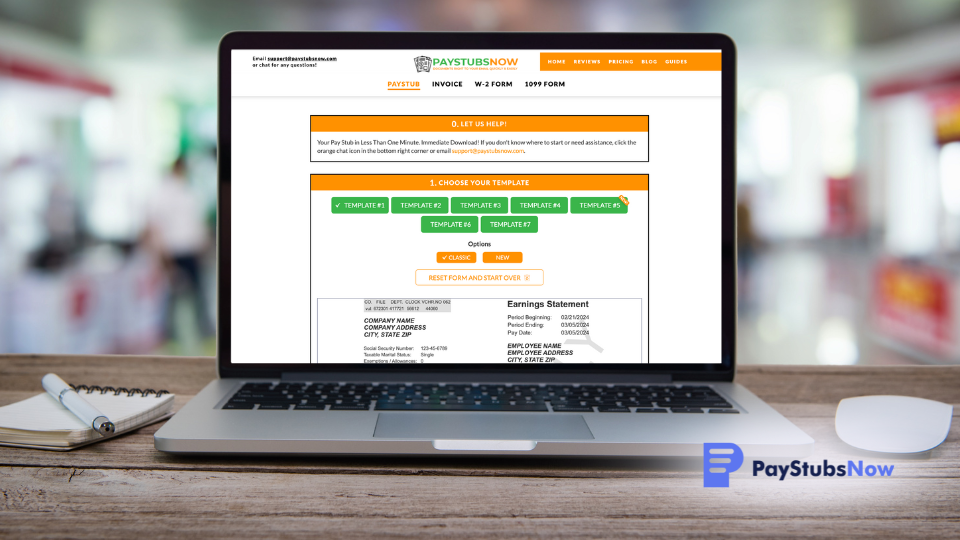 open laptop displaying the webpage to start creating a pay stub with Paystubsnow