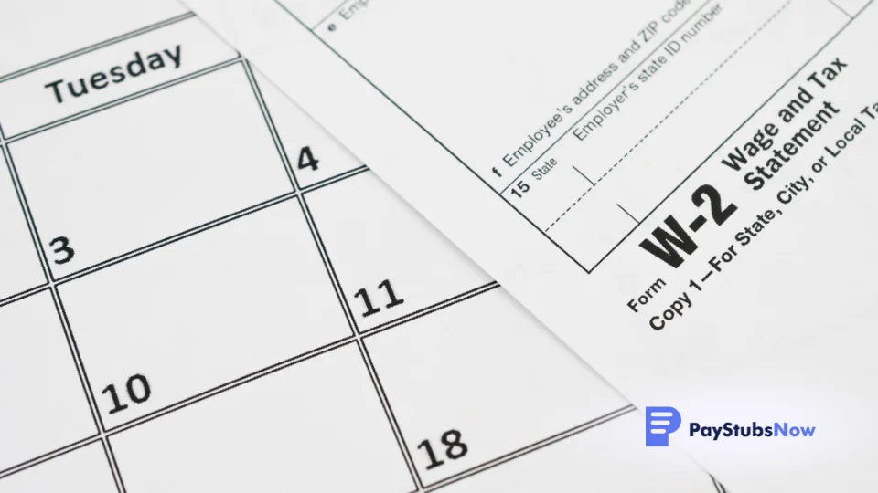 a close-up of two pieces of paper: a calendar and a W2 form