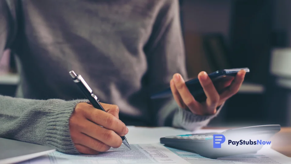 a person using a calculator and pen to do their taxes at their desk