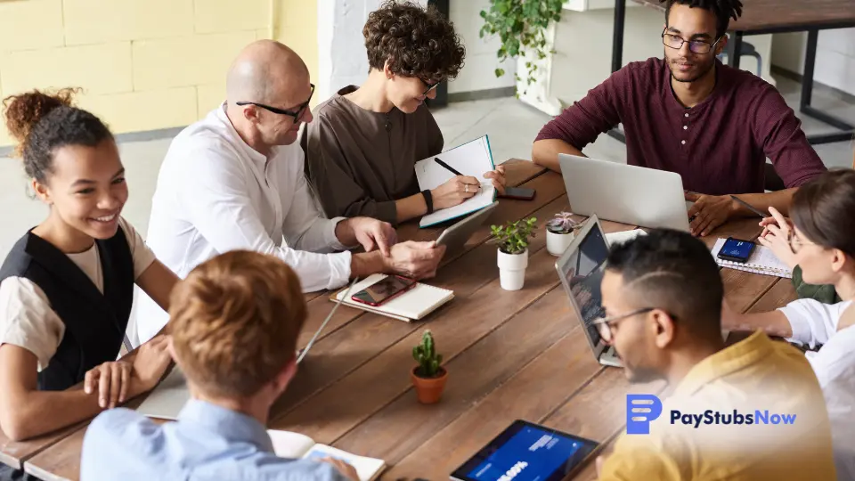 a group of people sitting around a table with laptops