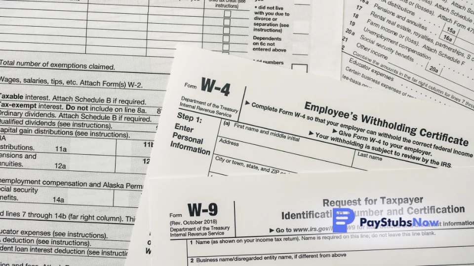 W-4 and W-9 tax forms on a desk