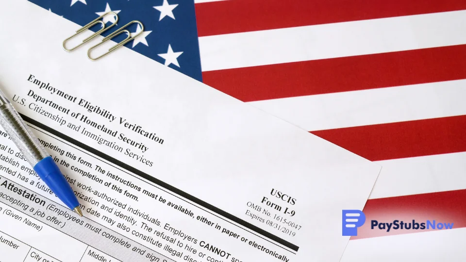 Form I-9 on a desk with an American flag