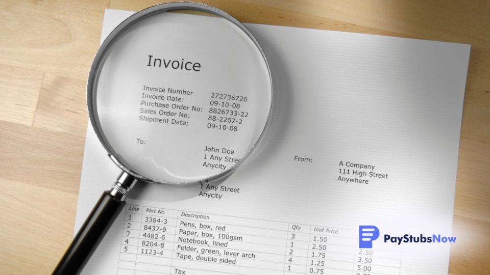 magnifying glass over a paper invoice on a wooden table