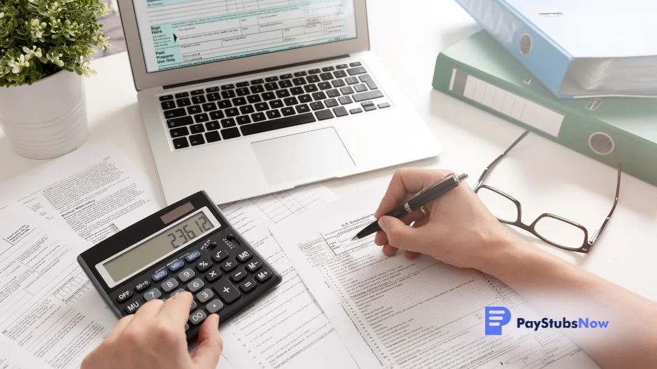 A person working on tax forms with a calculator and a laptop