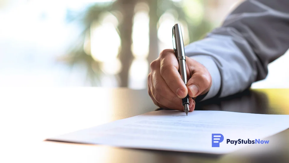 A person signing paperwork with a pen on a table