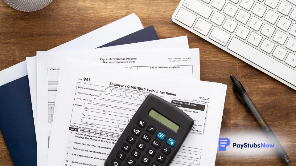 Tax forms and a calculator on a desk