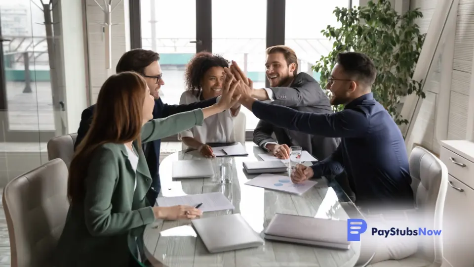 a group of business people sitting around a table giving each other high fives