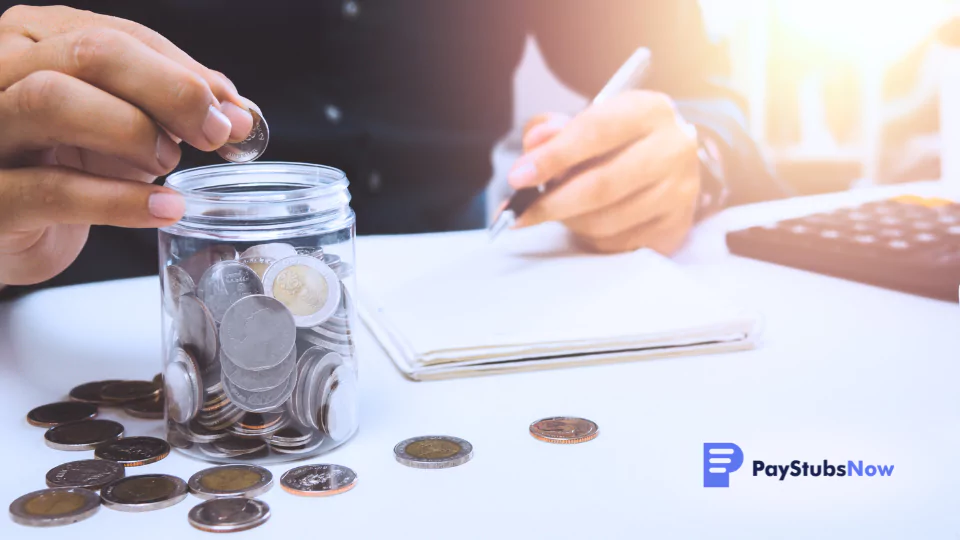 man putting coins in jar on desk