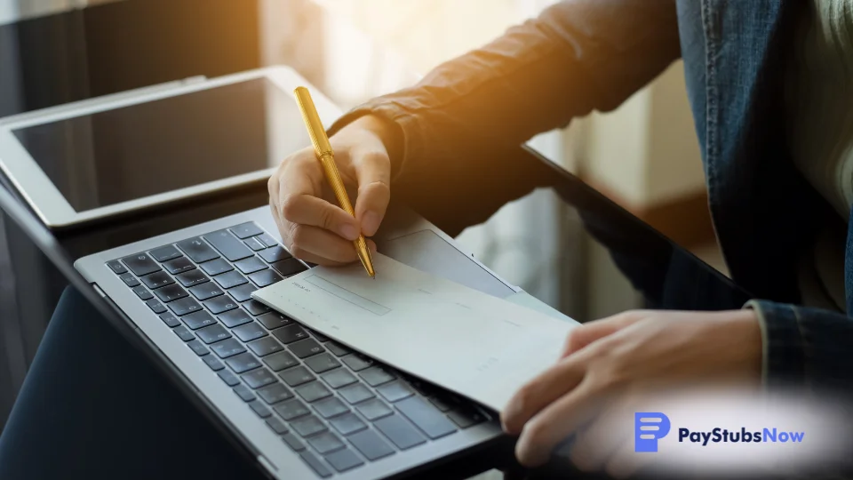 A PEO representative signing a paycheck for an employee