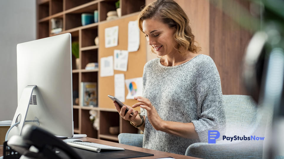 a woman sitting at a desk with a computer and looking at her phone