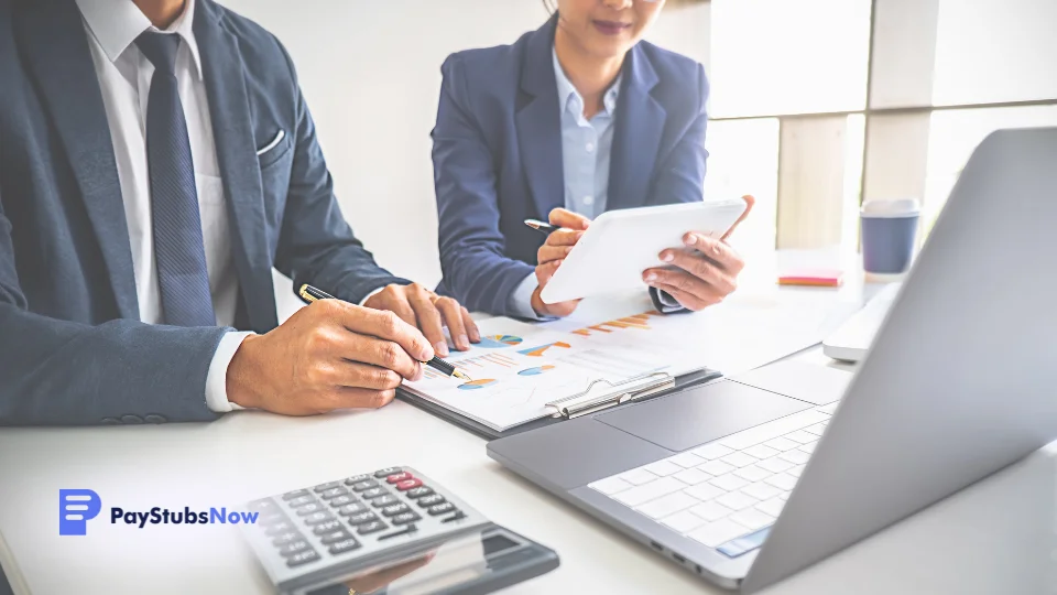 Two people in business attire sitting at a table with a laptop and calculator