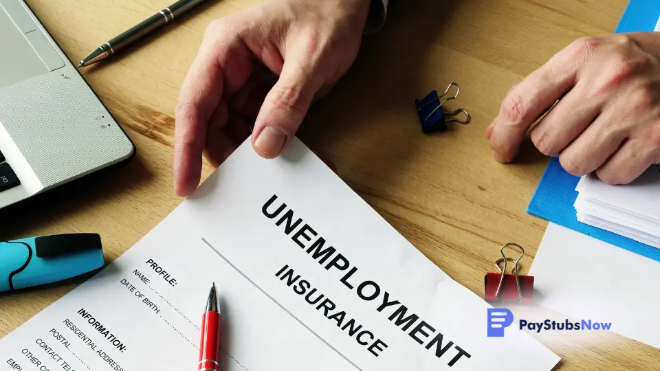 a hand holding a document labeled “unemployment insurance”