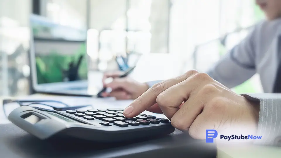 person using a calculator on a desk in front of a laptop